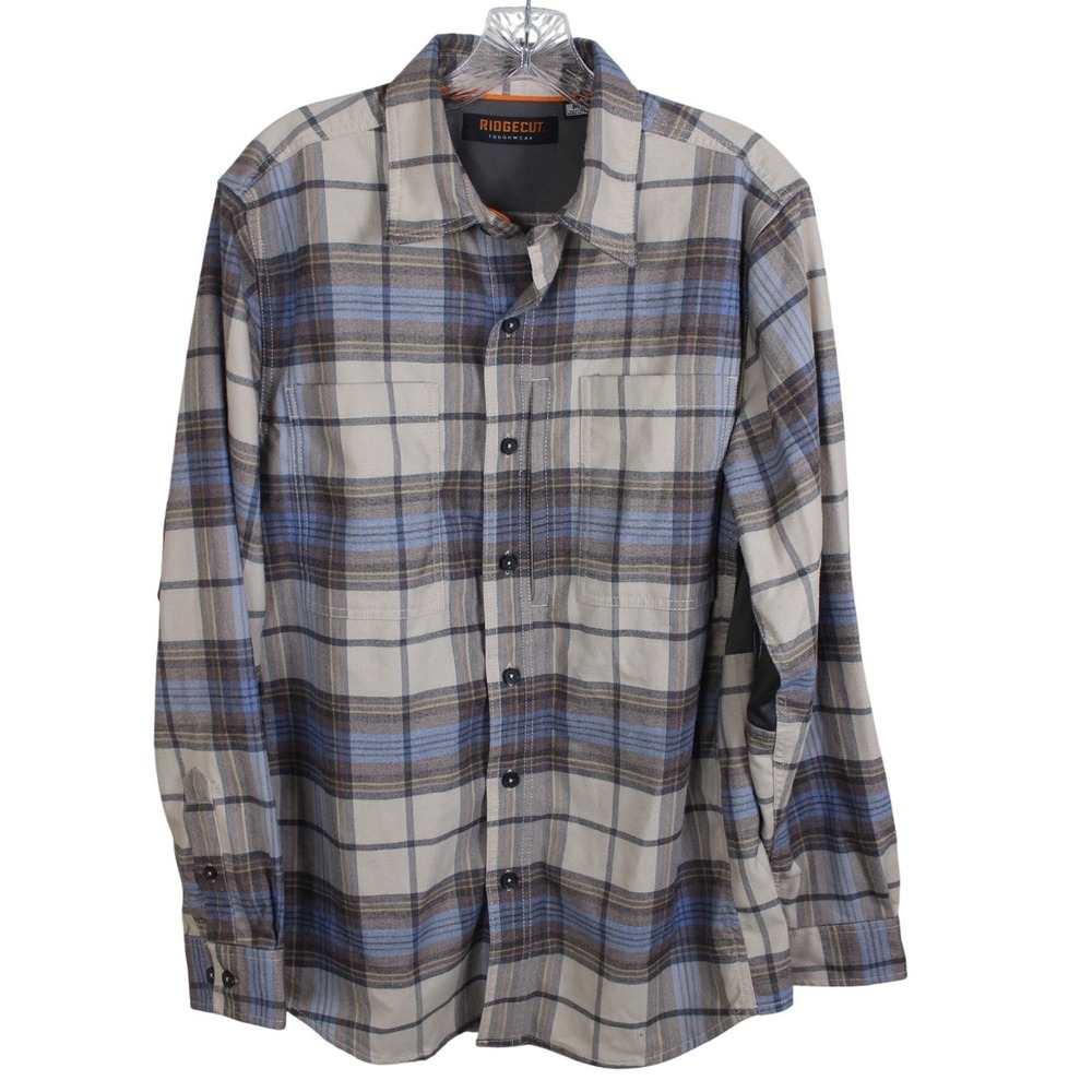 Ridgecut Toughwear Mens Plaid Flannel Shirt Blue Tan Ventilated Workwear Medium